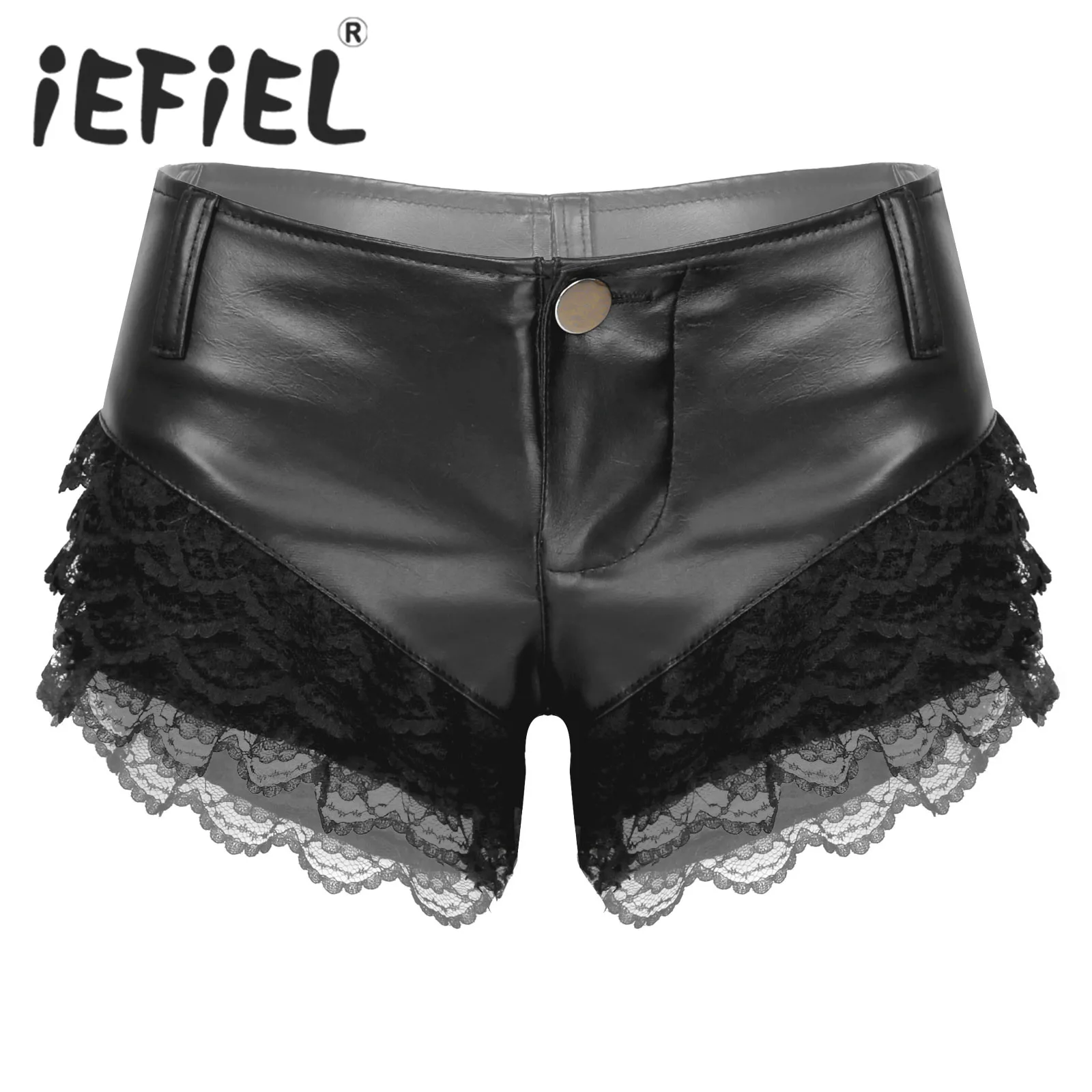 

Women Nightclub Hot Fashion Shorts Lace Patchwork PU Leather Shorts Ladies Low Waist Button Hot Boxer Pole Clubwear Dancewear