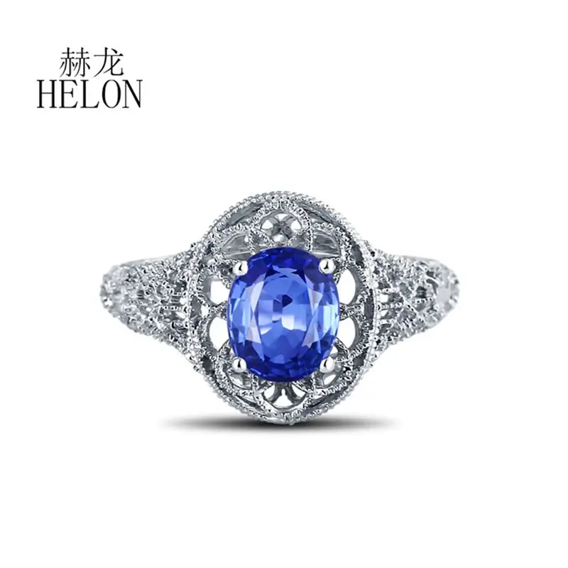 HELON Solid 18k White Gold AU750 Filigree Gemstone Women Art Deco Jewelry 8X6mm Oval Natural Sapphire Engagement wedding Ring 
HELON Solid 18k White Gold AU750 Filigree Gemstone Women Art Deco Jewelry 8X6mm Oval Natural Sapphire Engagement wedding Ring