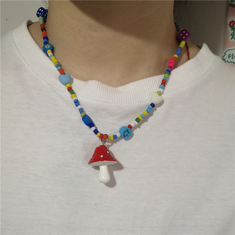 

Kpop Harajuku Hip Hop Punk Colorful Beads Dice Rainbow Smiley Mushroom Pendant Necklace For Women Men Street Jewelry Accessories