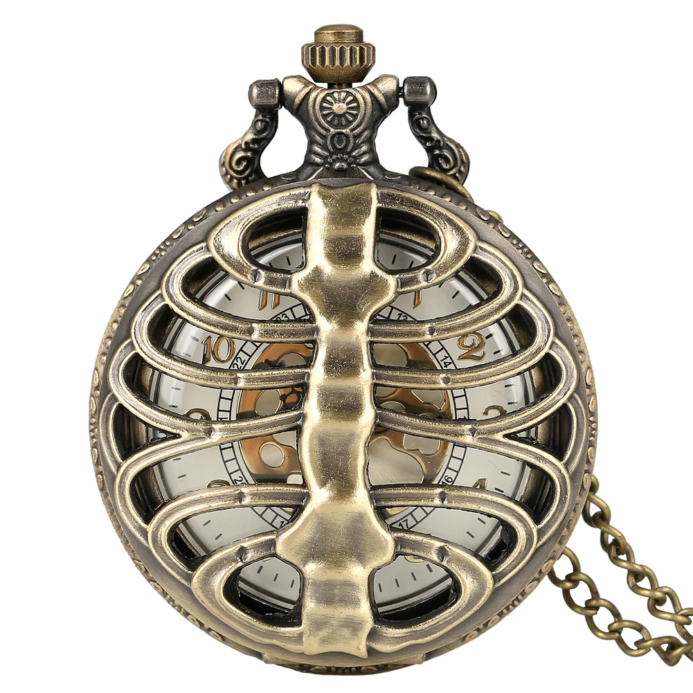 

Steampunk Bronze Spine Ribs Hollow Quartz Pocket Watch Men Women Necklace Pendant Sweater Chain Creative Best Gift
