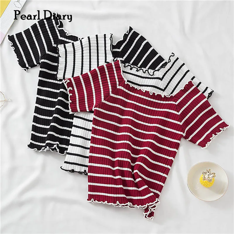 

Pearl Diary Women Stripe Knitting Tops Square Neck Short Sleeve Lettuce Edge Casual Crop Tops Slim Fit Going Out Cute Tops New