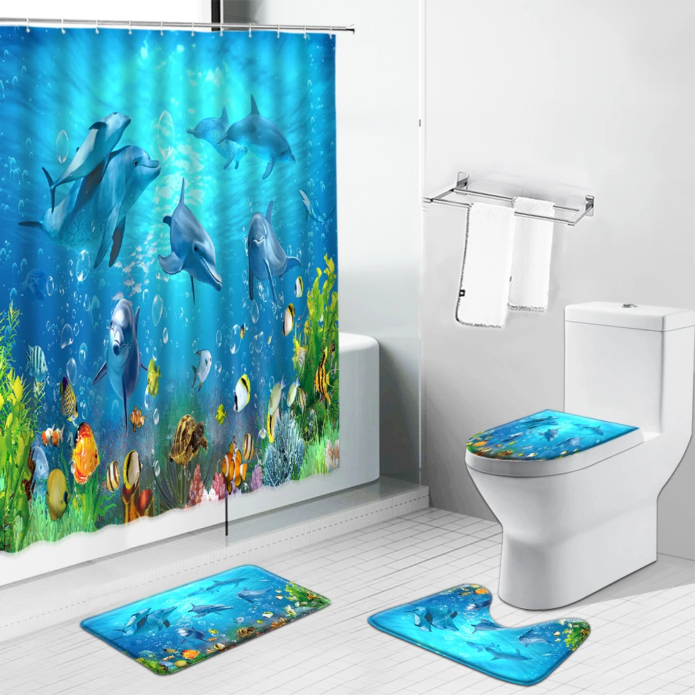 

Underwater World Scenery Dolphin Shower Curtains Ocean Animal Starfish Tropical Fish Bathroom Non-Slip Carpet Set Toilet Rug Mat