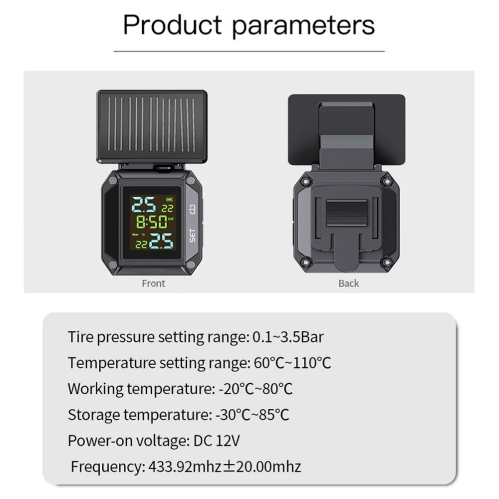 LCD Motorcycle TPMS Motorbike Wireless Tire Pressure Monitoring System Tyre Temperature Alarm System Solar Charging Waterproof
LCD Motorcycle TPMS Motorbike Wireless Tire Pressure Monitoring System Tyre Temperature Alarm System Solar Charging Waterproof