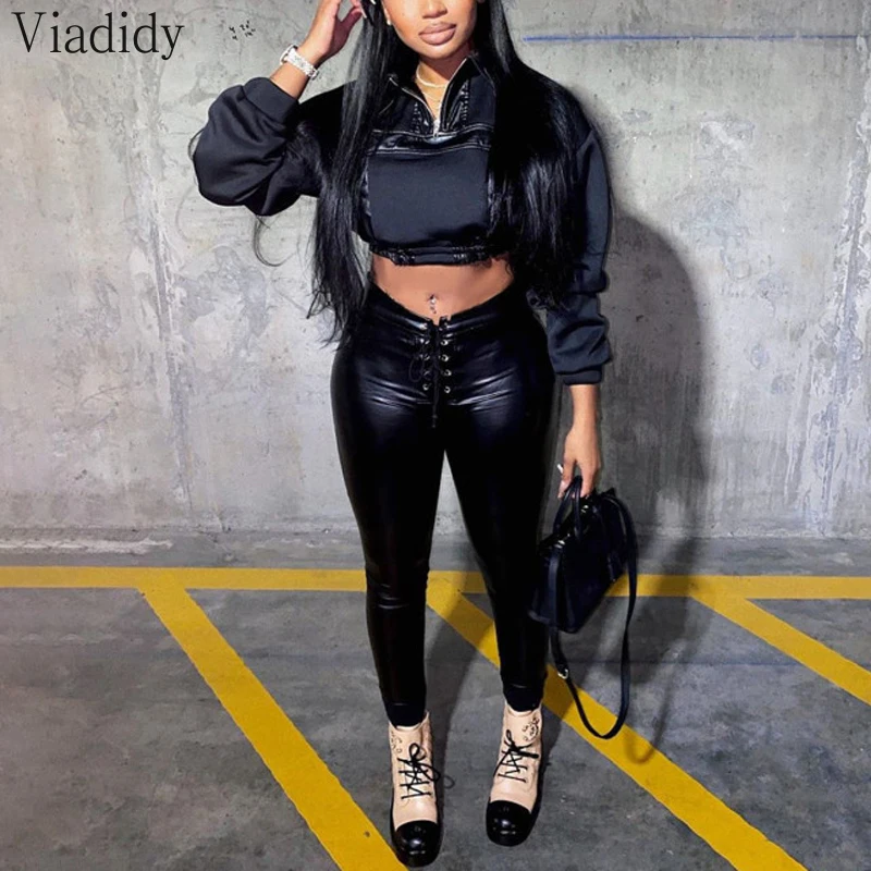 Women 2pcs Suit Black Long Sleeve PU Patchwork Top and High Waist Eyelet Bandage Bodycon PU Pants Set
Women 2pcs Suit Black Long Sleeve PU Patchwork Top and High Waist Eyelet Bandage Bodycon PU Pants Set