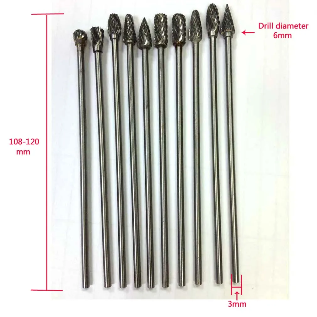 10pc Lengthened tungsten steel grinding head Carbide Rotary Tool Point Burr Die Grinder Abrasive Tools Drill Milling Carving Bit