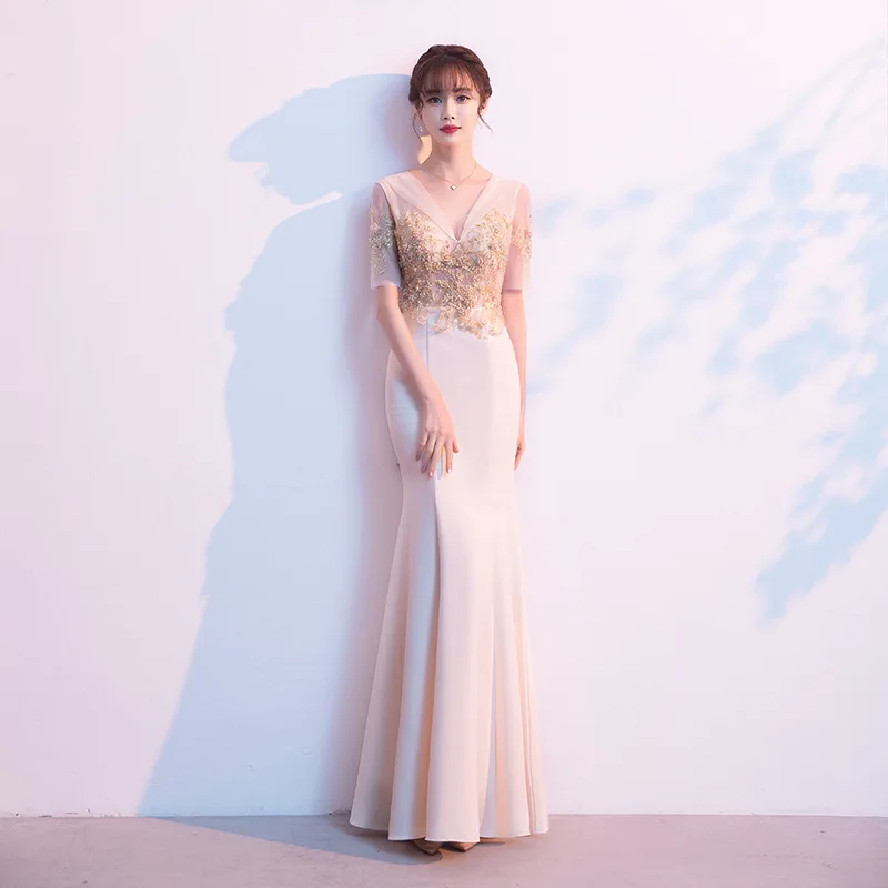 

Champagne Mermaid Dress for Female 2021 New Banquet Temperament Host Long Annual Meeting Fishtail Spring and Summer Dress K091