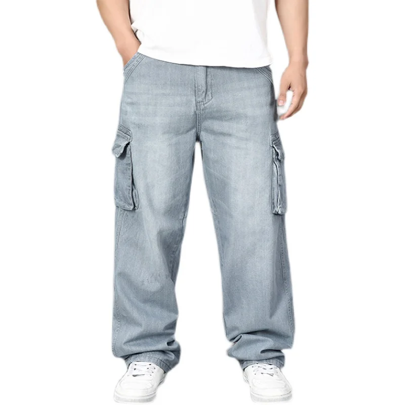 

Los hombres de gran tamaño pantalones vaqueros rectos Multi-Bolsillo gris Streetwear Jogger Hip Hop Skateboard Denim Pantalones