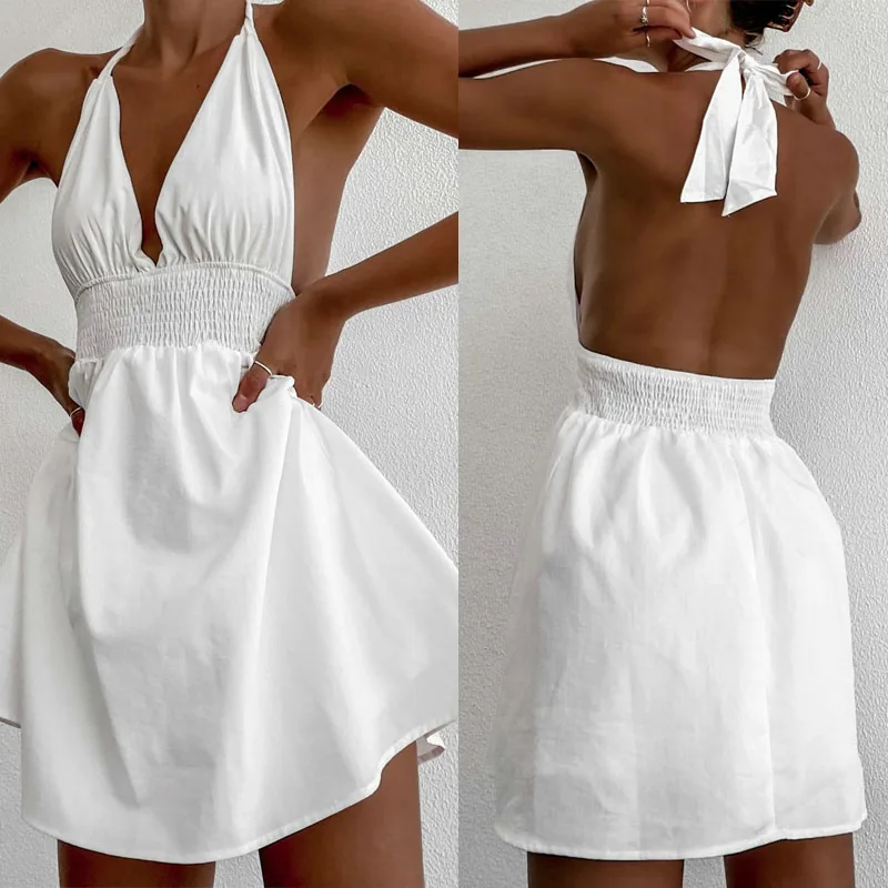 Elegant Halter Lace Up Sundress Women White A-Line Mini Dress Summer Chic Lady Backless High Waist Flared Dresses Classic
Elegant Halter Lace Up Sundress Women White A-Line Mini Dress Summer Chic Lady Backless High Waist Flared Dresses Classic