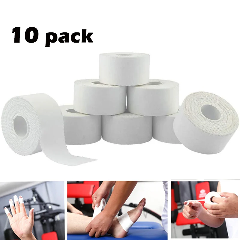 

10 Pack Athletic Tape in White Cotton Sport Tape Adhesive Elastic Bandage Knee Wrist Ankles Muscle Support- Easy Tearing