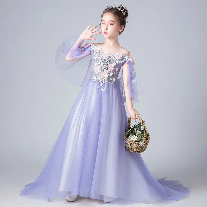 Korean Sweet Children Girls Elegant Shoulderless Collar Appliques Flowers Purple Birthday Evening Party Princess Long Tail Dress
Korean Sweet Children Girls Elegant Shoulderless Collar Appliques Flowers Purple Birthday Evening Party Princess Long Tail Dress