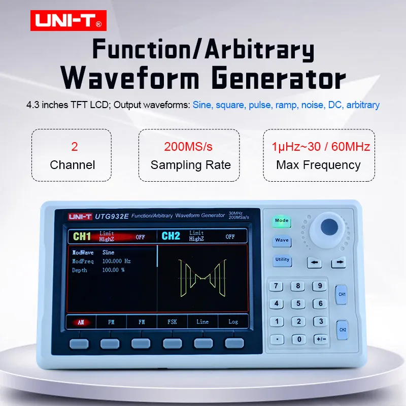 Генератор сигналов произвольной формы UTG932E, UTG962E, 30 МГц, 60 МГц, двухканальный, частота синусоидальной волны, UNI-T
Генератор сигналов произвольной формы UTG932E, UTG962E, 30 МГц, 60 МГц, двухканальный, частота синусоидальной волны, UNI-T