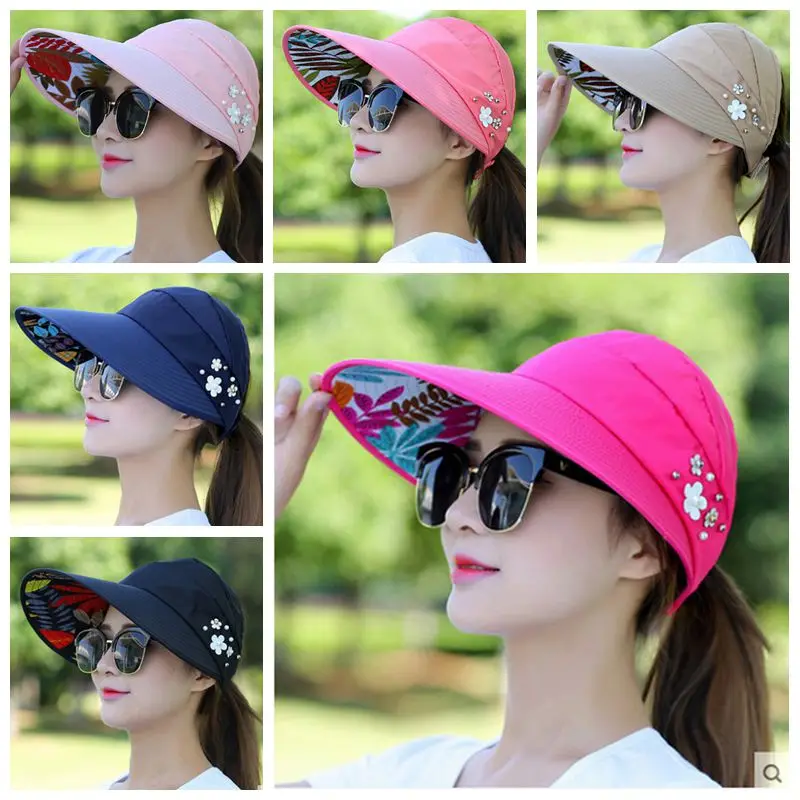 

Summer Outdoor Women Sun Hats with Flower Pearls Wide Brim Foldable Floppy Cap UV Protection Female Ponytail Beach Hat