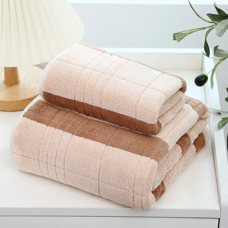

Coral Fleece 2 Pieces Towel Set Waffle Design Wide Stripes Adult Bath Towel 70x140 Light Quick Drying Absorbent Face Towel 35x75