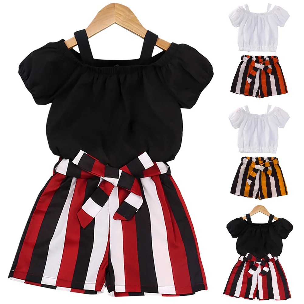 Girls Casual Short Sleeve Suit White Round Neck Pleated Design Suspender Off Shoulder Top Three Color Stripe Loose Pants Sets
Girls Casual Short Sleeve Suit White Round Neck Pleated Design Suspender Off Shoulder Top Three Color Stripe Loose Pants Sets