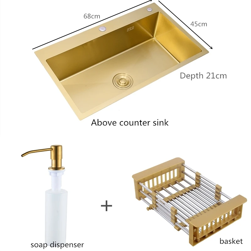 Drop-in Single Bowl Basin Handmade SUS304 Stainless Steel Kitchen Sink Brushed Gold Kitchen Sinks with Basket Strainer
Drop-in Single Bowl Basin Handmade SUS304 Stainless Steel Kitchen Sink Brushed Gold Kitchen Sinks with Basket Strainer