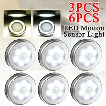 3/6 Pcs Motion Sensor Night Light Round Thin Type Induction Cabinet Night Light 6 LED Magnetic Lamp Motion Sensor Light Battery