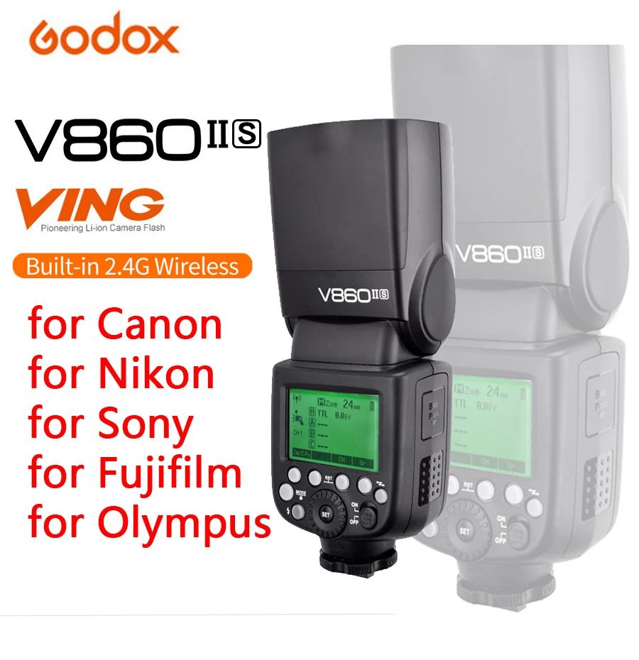 Фотовспышка Godox V860II-S/C/N/F/O GN60 TTL HSS Li-Ion Battery Speedlite для камеры Sony Nikon Canon Olympus Fuji
Фотовспышка Godox V860II-S/C/N/F/O GN60 TTL HSS Li-Ion Battery Speedlite для камеры Sony Nikon Canon Olympus Fuji