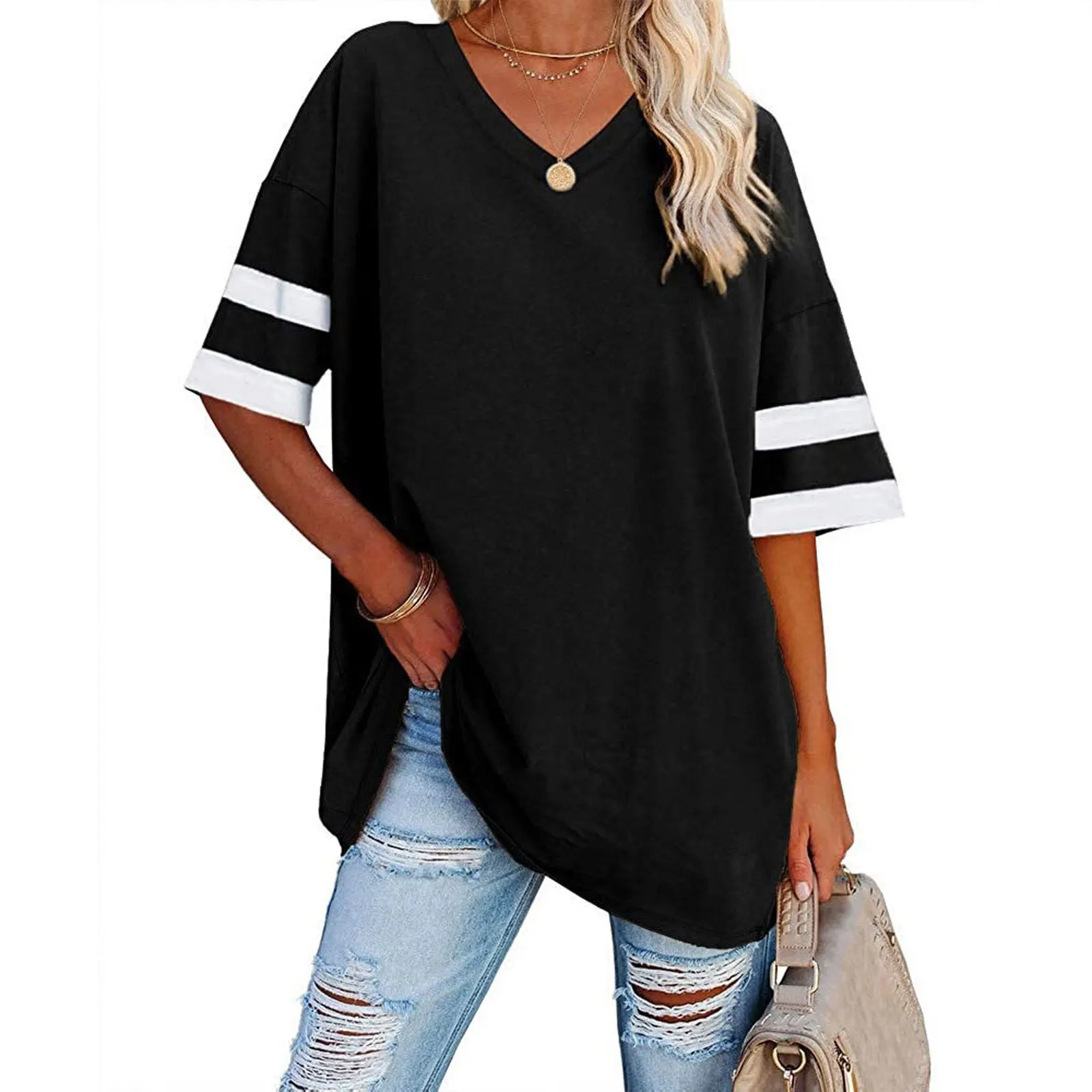 Women Contrast Color T-shirt, Loose Fit Half Sleeve V-neck Pullover for Summer, S-XXL
Women Contrast Color T-shirt, Loose Fit Half Sleeve V-neck Pullover for Summer, S-XXL