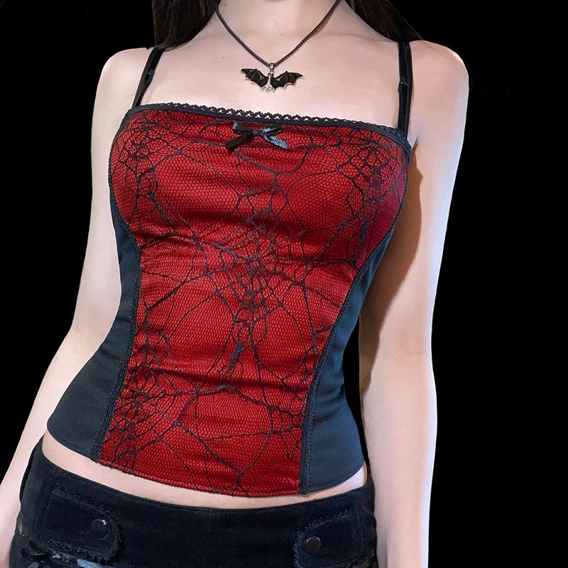 

InsGoth Grunge Goth Top Vintage Harajuku Sexy Cut Out Zipper Camisole Punk Spider Net Graphic Backless Summer Basic Crop Camis