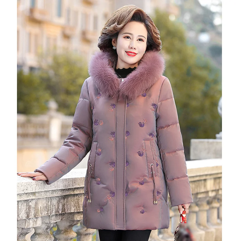 Autumn Winter Women Cotton Padded Coat Hooded Embroidered Fur Collar Fashion Long-sleeved Casual Female Loose Mid-length Jacket
Autumn Winter Women Cotton Padded Coat Hooded Embroidered Fur Collar Fashion Long-sleeved Casual Female Loose Mid-length Jacket
