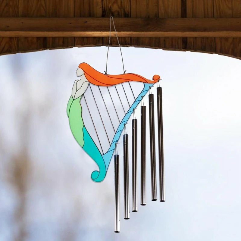 Mermaid Harp Wind Chimes Acrylic Stained Mermaid Suncatcher Mermaid Hanging Pendant for Home Garden Yard Art Decor