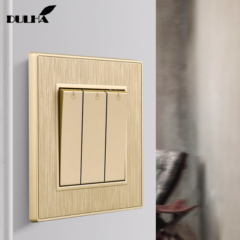 Luxury Light Wall Switch Golden 3 Gang 2 Way 10A 110~250V 220V Electrical Push Button Satin PC Frame Panel Lamp Switches
Luxury Light Wall Switch Golden 3 Gang 2 Way 10A 110~250V 220V Electrical Push Button Satin PC Frame Panel Lamp Switches