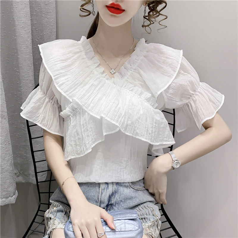 Korean Sweet Blusas Feminino Summer Sexy V-Neck Ruffles OL Loose Blouses Womens Puff Short Sleeve Solid White Shirt Elegant Tops
Korean Sweet Blusas Feminino Summer Sexy V-Neck Ruffles OL Loose Blouses Womens Puff Short Sleeve Solid White Shirt Elegant Tops