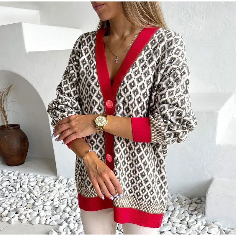 2022 Spring Knit Argyle Print Cardigan For Women Autumn Long Sleeve V-neck Color Matching Knitwear Ladies Office Lady Sweaters
2022 Spring Knit Argyle Print Cardigan For Women Autumn Long Sleeve V-neck Color Matching Knitwear Ladies Office Lady Sweaters