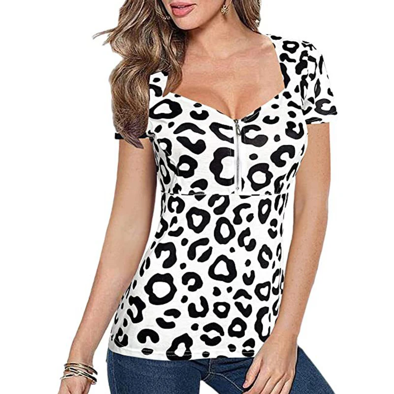 Женская футболка на молнии с леопардовым принтом V образным вырезом и коротким