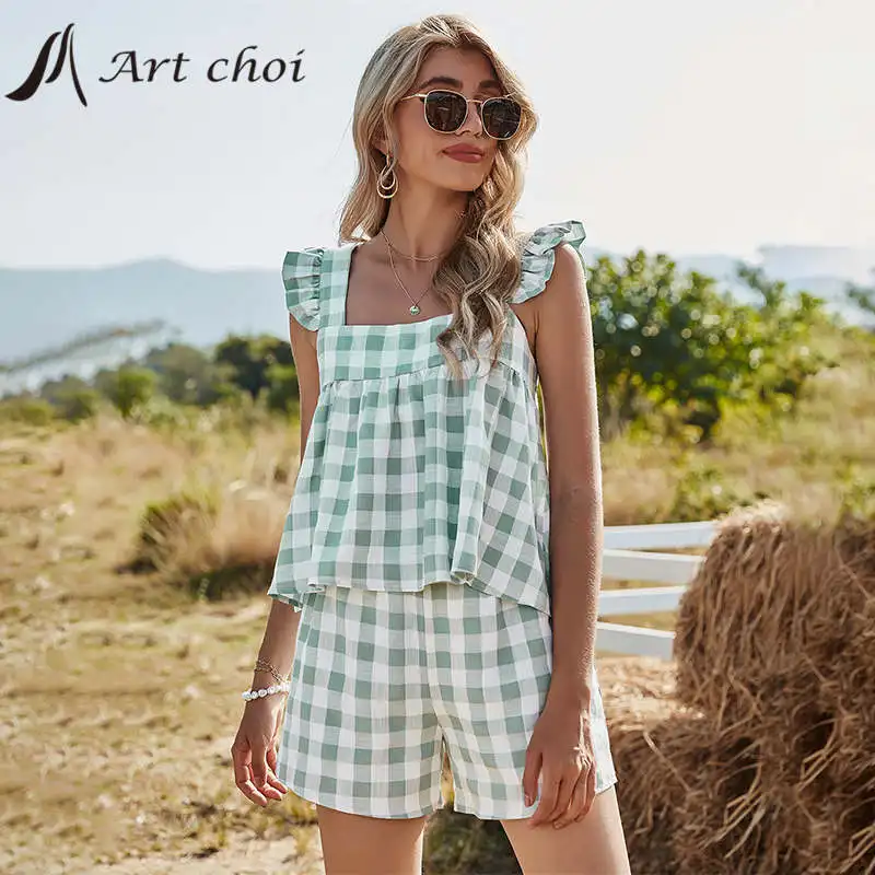 

Spring Summer Two Piece Sets Casual Outfit Suits Women Plaid Checked Halter Tank Tops Vest Linen Shorts Pants 2 Piece Sets