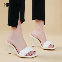 NIUFUNI Womens Shoes 2022 Fashion Square Toe Flip-Flops Twist Braided Stiletto Heel Comfortable Outdoor Shoes Party Size 35-42