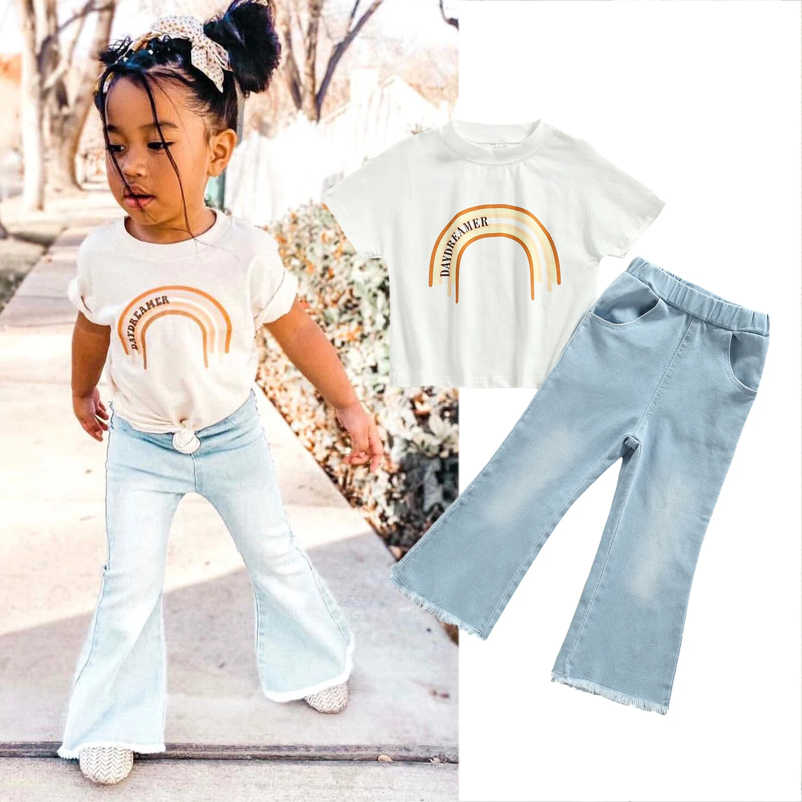 Girls Clothes Set Children Clothing Outfits Letter Rainbow Print Round Neck Short Sleeve Tops+ Flared Jeans for Girls 2-7 Years
Girls Clothes Set Children Clothing Outfits Letter Rainbow Print Round Neck Short Sleeve Tops+ Flared Jeans for Girls 2-7 Years