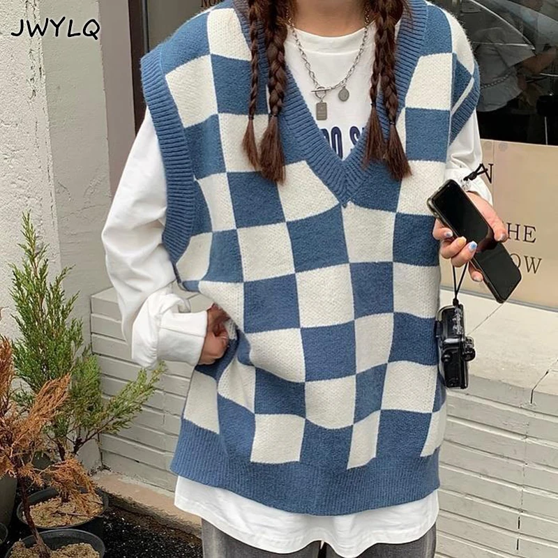 Lattice Stitching V-neck Sleeveless Sweater Vest Harajuku Loose Preppy Style Sweaters Women Basic Black Blue Sweater Vest Women
Lattice Stitching V-neck Sleeveless Sweater Vest Harajuku Loose Preppy Style Sweaters Women Basic Black Blue Sweater Vest Women