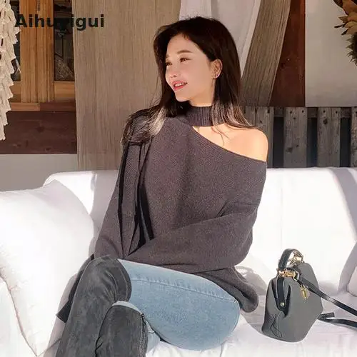 Aihuyigui 2019 Autumn Women New Hanging Neck Pullovers Sweater Knit Bare Shoulder Lrregular Fashion Casual Mujer Tb129 | Женская одежда