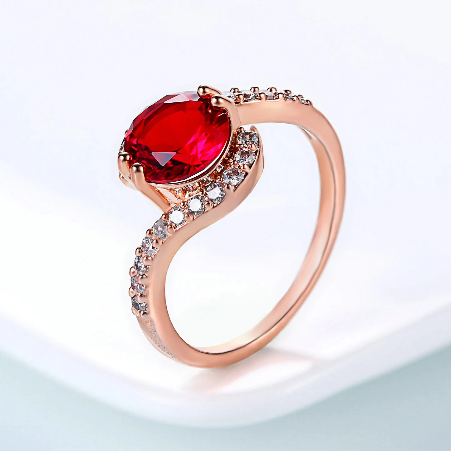 

Exquisite Rose Gold Color Women's Wedding Ring Inlay Round Red Gems Crystal Cocktail Party Rings Fashion Jewelry Lover's Gifts