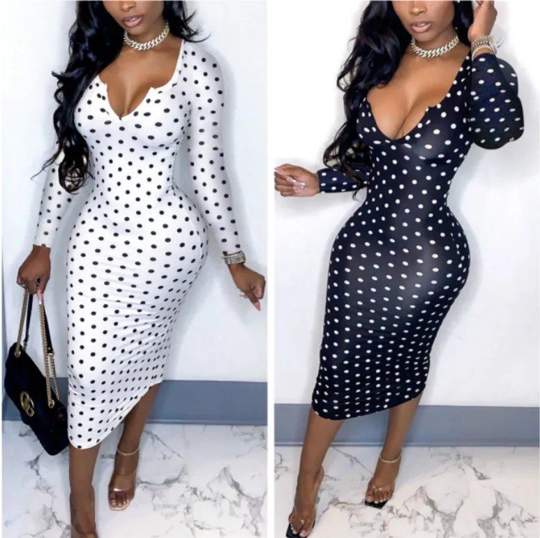 Deep V Low Cut Skinny Mid-length Dress Sexy Retro Autumn Spring Women's Polka Dot Dress Office Ladies Skinny Long Sleeve Dress
Deep V Low Cut Skinny Mid-length Dress Sexy Retro Autumn Spring Women's Polka Dot Dress Office Ladies Skinny Long Sleeve Dress