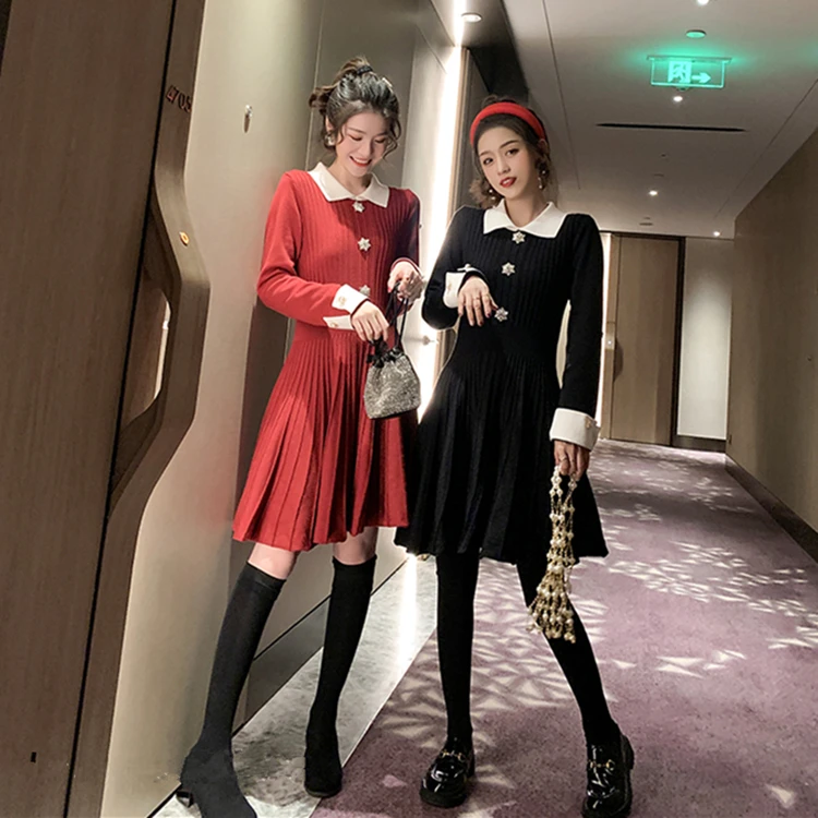 2020 French color-block lapel knitted dress women's autumn and winter asymmetric pleated Turn-down Collar Office Lady
2020 French color-block lapel knitted dress women's autumn and winter asymmetric pleated Turn-down Collar Office Lady