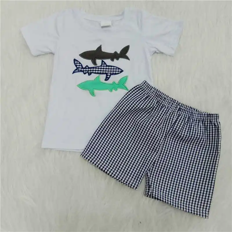 Plaid shark pattern T-shirt top plaid shorts boy summer 2 piece set | Детская одежда и обувь