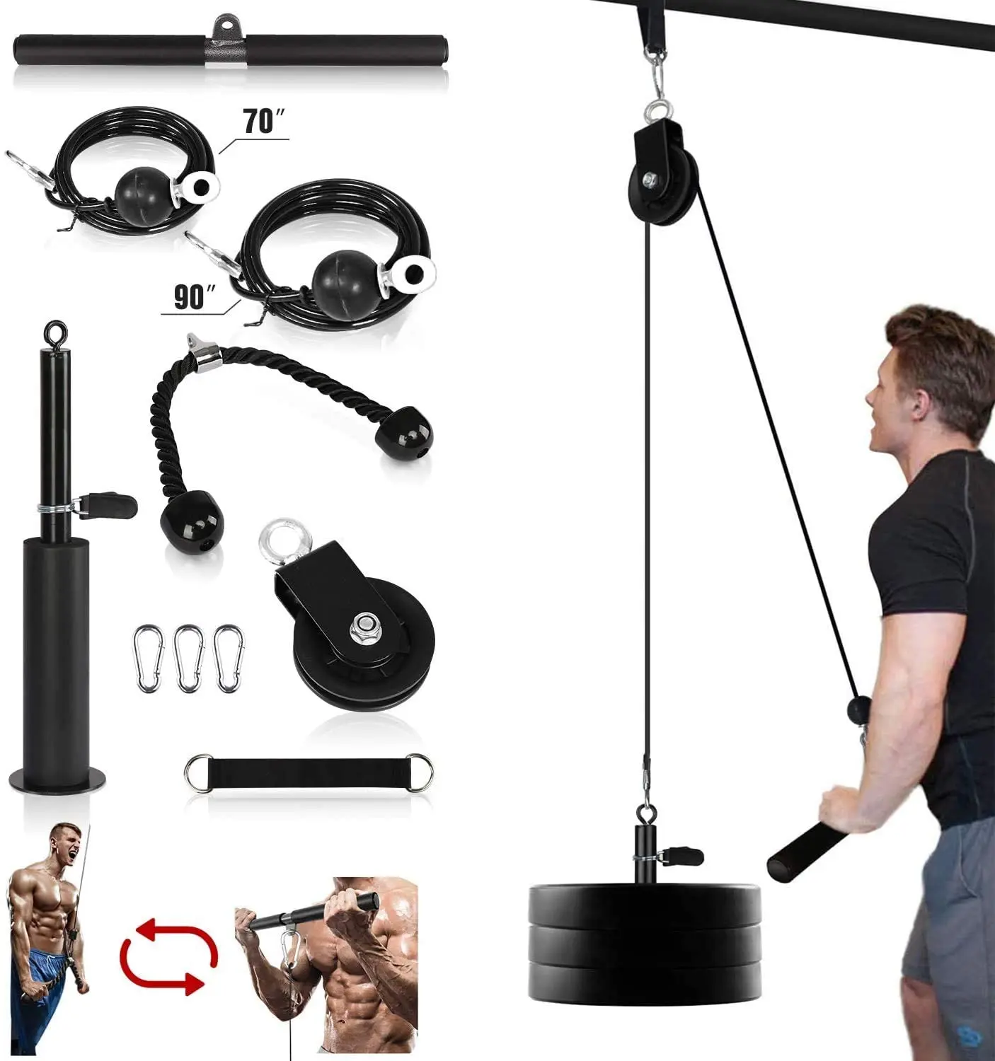 Upgraded Fitness Pulley Cable System Kit,DIY Pulley Cable Machine Attachment 70 and 90 Cable for Lat Pull Downs Workout
Upgraded Fitness Pulley Cable System Kit,DIY Pulley Cable Machine Attachment 70 and 90 Cable for Lat Pull Downs Workout