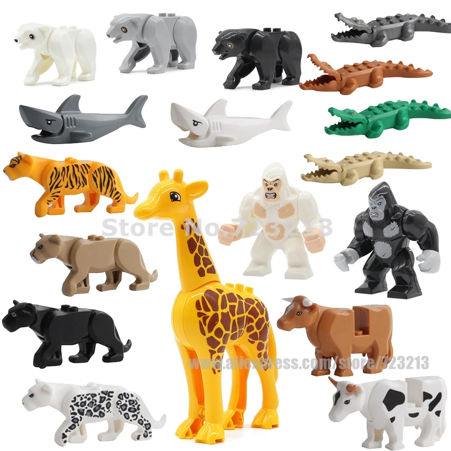 

18pcs Animals Horse Cow Shark Panther MOC Bricks Giraffe Crocodile Black Bear Cattle Orangutan Building Block Kit Model Toys