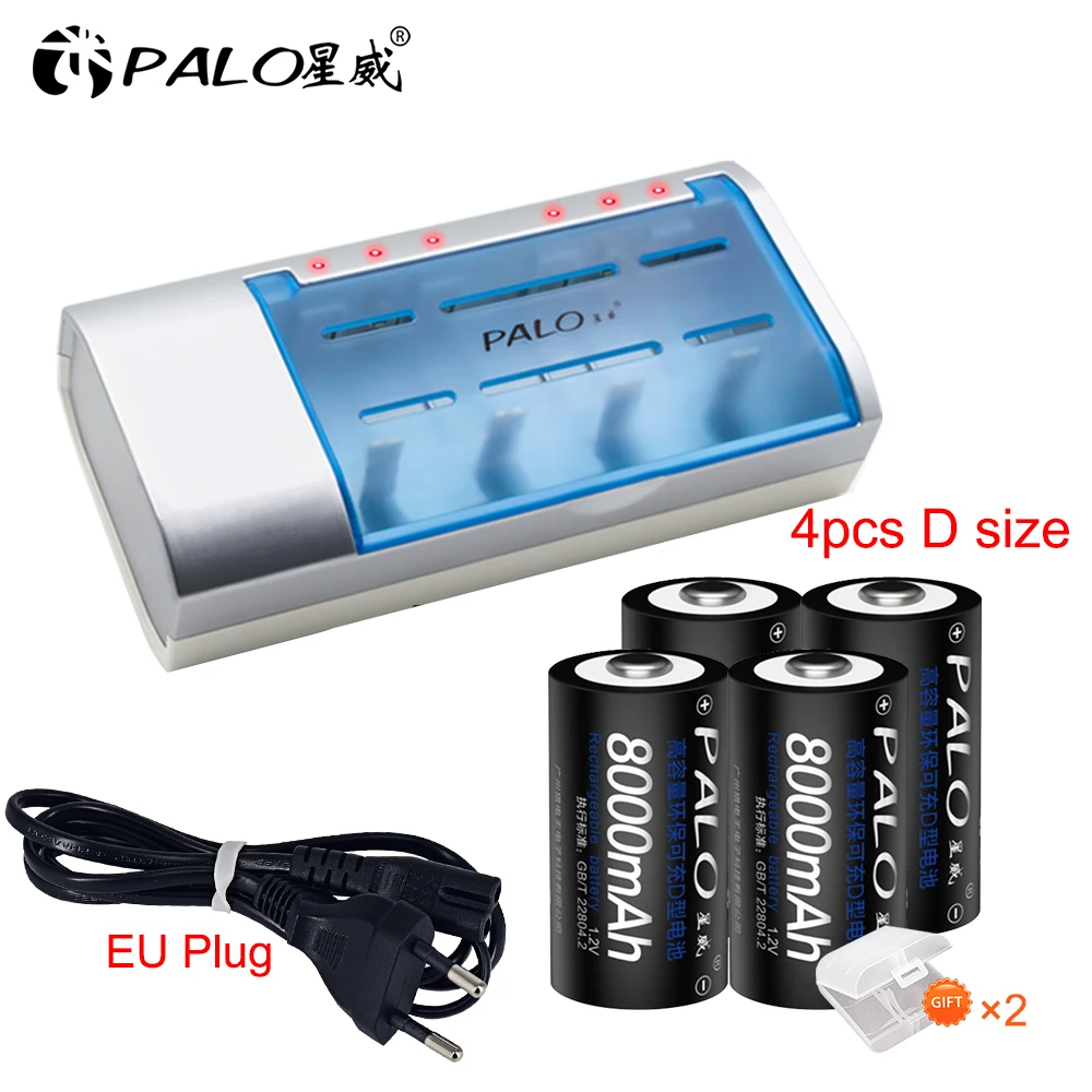 

PALO 8000mAh D Size Batterie with Battery Charger Fast Charging For 1.2v Ni-MH Ni-CD AA AAA 9V 6F22 Rechargeable Batteries