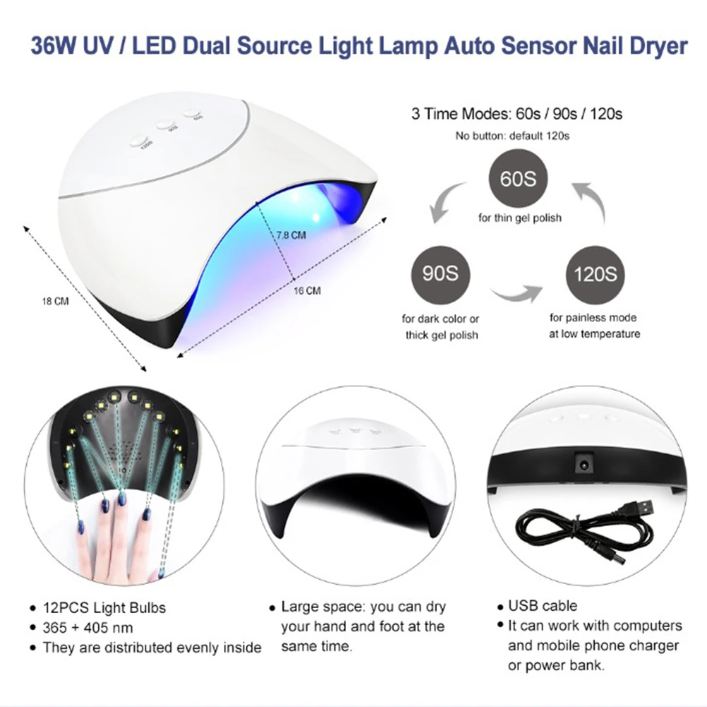 Nail Lamp UV LED Nail Dryer Gel Polish Light with 3 Timer Setting Professional Nail Art Tools for Home Salon
Nail Lamp UV LED Nail Dryer Gel Polish Light with 3 Timer Setting Professional Nail Art Tools for Home Salon