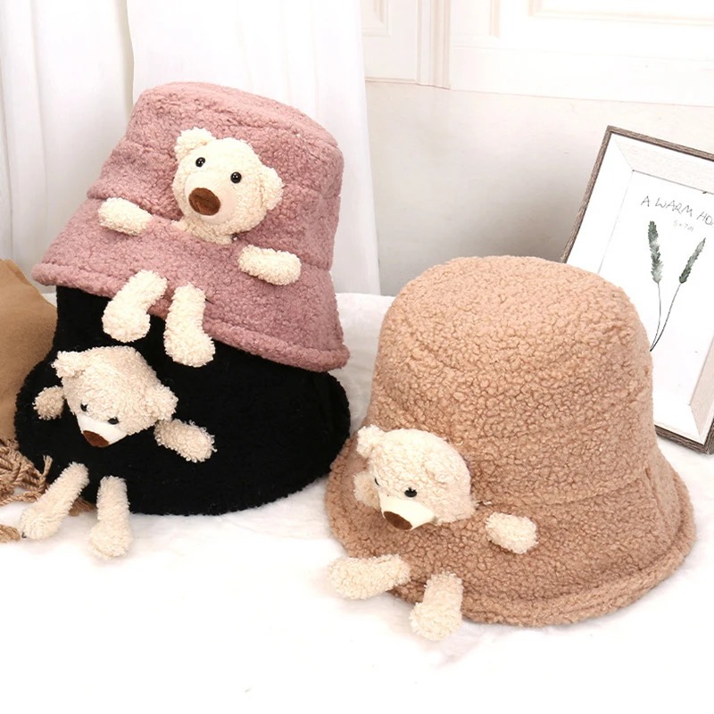 

Женская зимняя плюшевая Панама с милым медведем, плоские шапки, мягкие теплые шапки с принтом животных A66