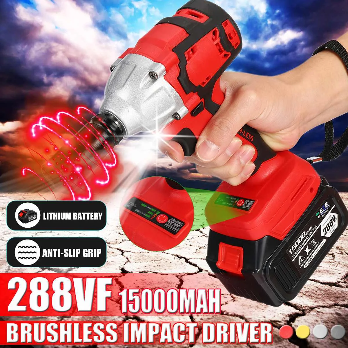 288vf 800N.M Brushless Cordless Electric Impact Wrench 110-240V Power Tools with 15000Amh Li Battery+LED light W/ Charger Sleeve
288vf 800N.M Brushless Cordless Electric Impact Wrench 110-240V Power Tools with 15000Amh Li Battery+LED light W/ Charger Sleeve