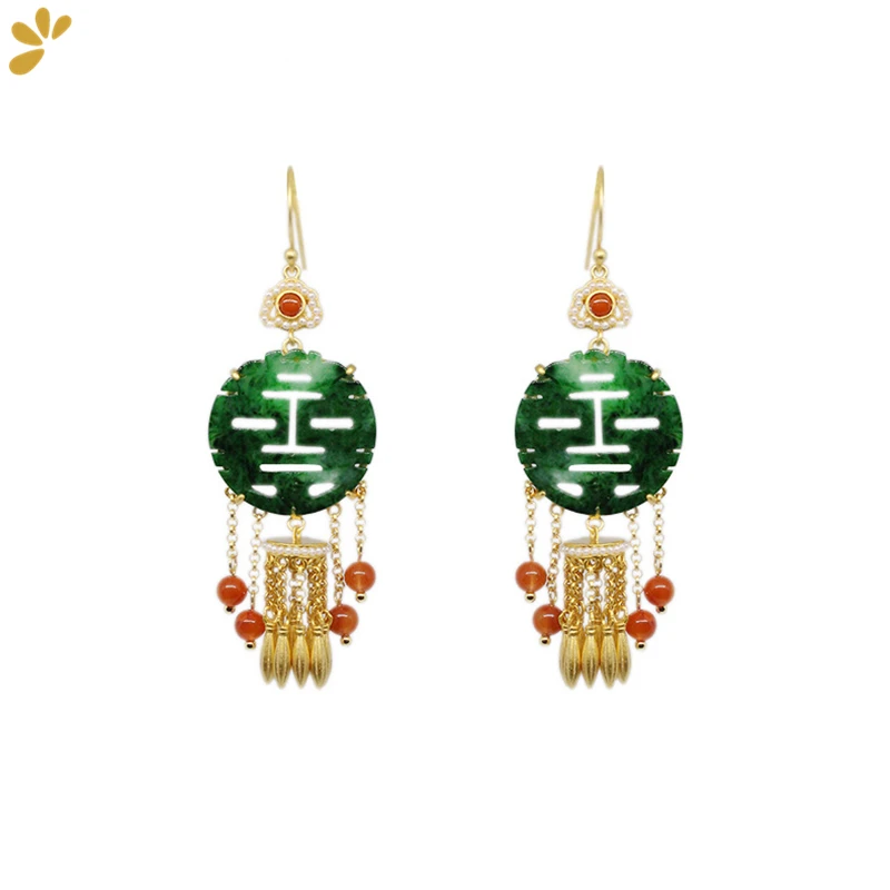 Vintage Luxury S925 Silver Gold Plated Jadeite Drop Earrings Oriental Court Style Dangle Tassels Women's Earring Fine Jewel Gift
Vintage Luxury S925 Silver Gold Plated Jadeite Drop Earrings Oriental Court Style Dangle Tassels Women's Earring Fine Jewel Gift