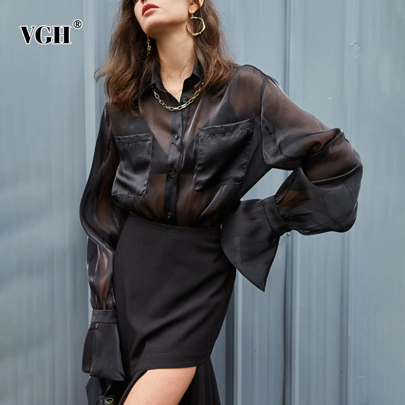 VGH Black Sheer Mesh Casual Button Through Blouse For Women Lapel Long Sleeve Solid Minimalist Sexy Shirt Female Autumn 2021 New
VGH Black Sheer Mesh Casual Button Through Blouse For Women Lapel Long Sleeve Solid Minimalist Sexy Shirt Female Autumn 2021 New