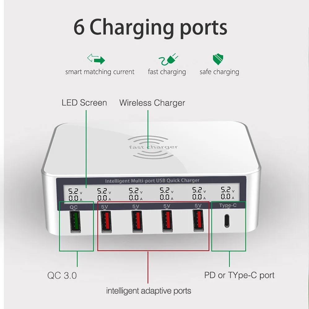 Быстрое зарядное устройство с 5 USB-портами 3 0 PD USB C быстрая зарядка для iPhone 8X8plus Samsung