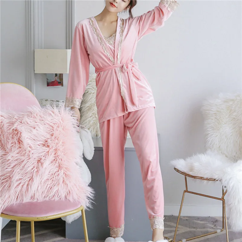 3 Pcs Winter Warm Women Pajamas Set Lace Patchwork Sashes Cardigans Sexy Bottoming Vest Casual Long Pants Homewear Pijama Sets
3 Pcs Winter Warm Women Pajamas Set Lace Patchwork Sashes Cardigans Sexy Bottoming Vest Casual Long Pants Homewear Pijama Sets