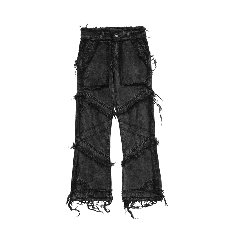 

Distressed Raw Edges Wide Leg Jeans Vintage Streetwear Black Flare Pant Jean Hip Hop Tassel Fake Wash Destroyed Flared Jeans Men