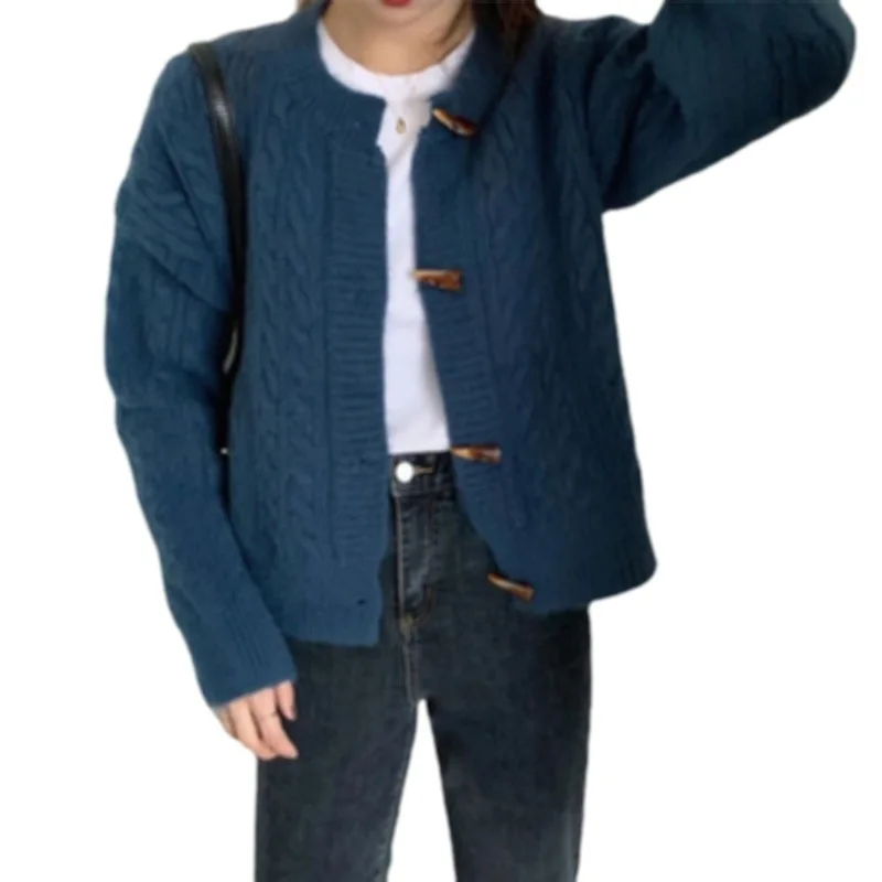 Horn Button Short Twist Sweater Spring and Autumn New Style Outer Wear Solid Color Round Neck Knitted Cardigan Jacket Women
Horn Button Short Twist Sweater Spring and Autumn New Style Outer Wear Solid Color Round Neck Knitted Cardigan Jacket Women